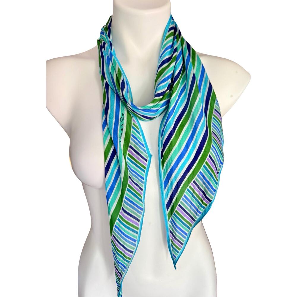 Vintage Oscar de la Renta Silk Skinny Scarf Diagonal Turquoise Japan 7x78" - Picture 3 of 9